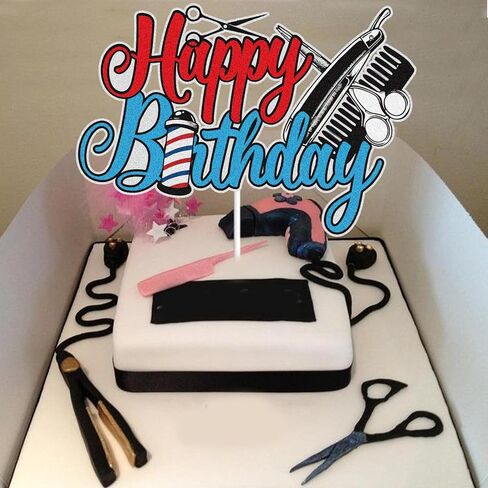 Barber Shop Happy Birthday Cake Topper Blue Red Glittery Hairstylist Haircut Barbershop Cake Decor Hairdresser Cosmetologist Salon Birthday Party Supplies in Saudi Arabia