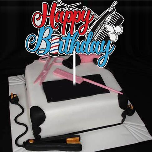 Barber Shop Happy Birthday Cake Topper Blue Red Glittery Hairstylist Haircut Barbershop Cake Decor Hairdresser Cosmetologist Salon Birthday Party Supplies in Saudi Arabia