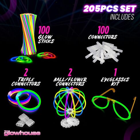 100 Ultra Bright Glow Sticks Party pack - 205 pcs Glow in The Dark Party Supplies Pack - 8" Glowsticks Party Favors with Bracelets Necklaces Glasses and more in Kuwait