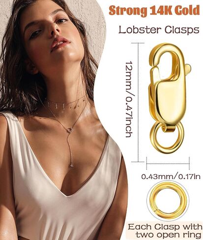 Kcctoo Double Lobster Claw Clasp with Closed Jump Rings 14K Gold Necklace Clasps and Closures Bracelet Extender for DIY Jewelry, Made in Italy in Saudi Arabia
