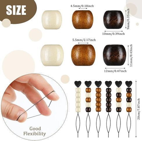 Dingion 1055 Pieces Wooden Hair Beads Set - 600 Barrel Wood Beads (9x10mm, 11x12mm, Black, Coffee, Light Coffee) & 450 Black Elastic Hair Bands with 5 Quick Beaders in Kuwait