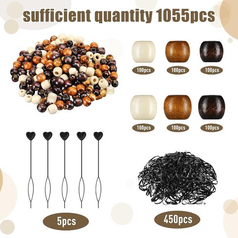 Dingion 1055 Pieces Wooden Hair Beads Set - 600 Barrel Wood Beads (9x10mm, 11x12mm, Black, Coffee, Light Coffee) & 450 Black Elastic Hair Bands with 5 Quick Beaders in Kuwait