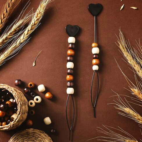 Dingion 1055 Pieces Wooden Hair Beads Set - 600 Barrel Wood Beads (9x10mm, 11x12mm, Black, Coffee, Light Coffee) & 450 Black Elastic Hair Bands with 5 Quick Beaders in Kuwait
