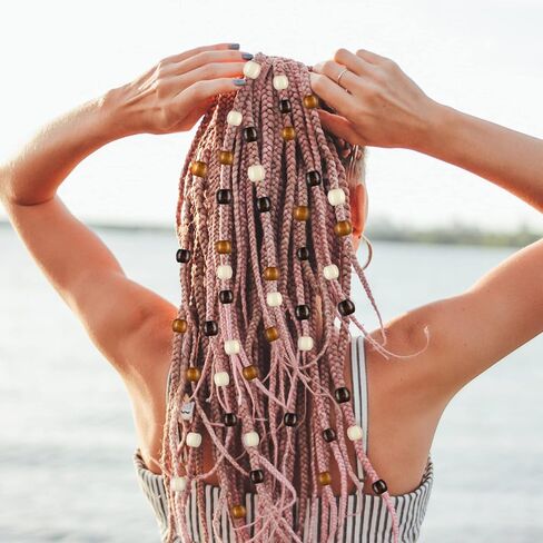Dingion 1055 Pieces Wooden Hair Beads Set - 600 Barrel Wood Beads (9x10mm, 11x12mm, Black, Coffee, Light Coffee) & 450 Black Elastic Hair Bands with 5 Quick Beaders in Kuwait