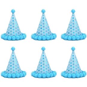 Amosfun 6pcs Birthday Cone Hat Sky Blue Birthday Party Hats with Plush Balls Kids Birthday Supplies in Saudi Arabia