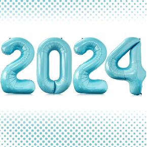 40 Inch Baby Blue Number 2024 Balloon Big Large Size Giant Jumbo Digit Mylar Foil Helium Light Blue Balloons for Happy 2024 New Year Eve Celebration Decorations Party Supplies