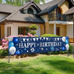 Yard Banner for Happy Birthday Gifts Large Birthday Banners for Outside Decorations Backdrop for Men Women Party Supplies Outdoor and Indoor(Blue, Silver)