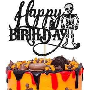 Black Glitter Skeleton Happy Birthday Cake Topper, Skull Spooky Birthday Party Décor, Halloween Theme Birthday Party Decoration Supplies in Saudi Arabia