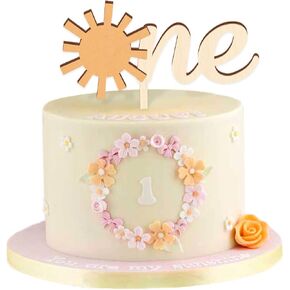 Sun One Cake Topper 1st Birthday Cake Decoration, 6.4'' x 7'' One Year Old Wooden Sun Cake Topper First Trip Around the Sun You Are My Sunshine Cake Smash Photo Booth Props B-day Bar Party Supplies