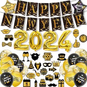 لوازم حفلات رأس السنة الجديدة من Ouksma مجموعة 2024 لافتة رأس السنة الجديدة باللونين الأسود والذهبي زينة حفلات رأس السنة الجديدة in Kuwait