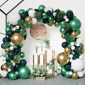 HOLICOLOR 143pcs Metallic Green Gold Balloon Garland Arch Kit Jungle Safari Double-layers Emerald Balloons Decorations with Artificial Leaves for Animal Party Baby Shower Kids Birthday in Kuwait
