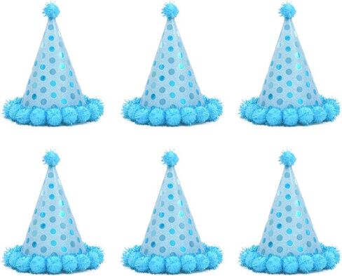 Amosfun 6pcs Birthday Cone Hat Sky Blue Birthday Party Hats with Plush Balls Kids Birthday Supplies in Saudi Arabia