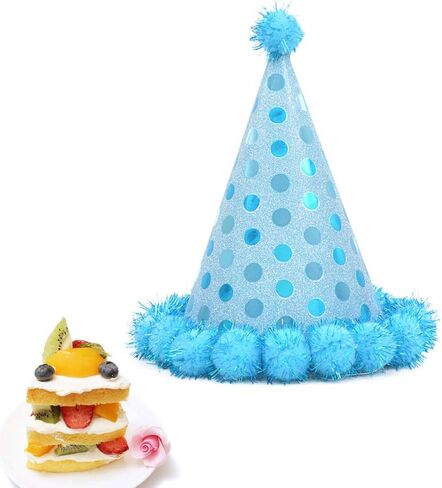 Amosfun 6pcs Birthday Cone Hat Sky Blue Birthday Party Hats with Plush Balls Kids Birthday Supplies in Saudi Arabia