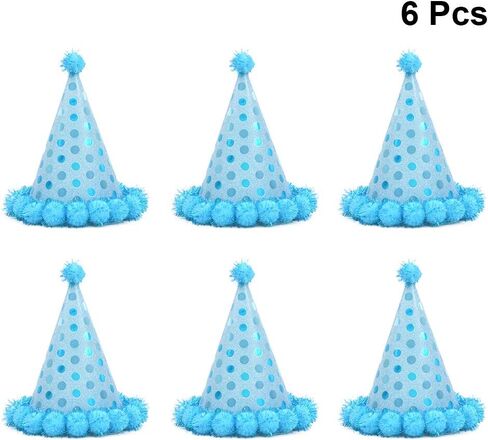Amosfun 6pcs Birthday Cone Hat Sky Blue Birthday Party Hats with Plush Balls Kids Birthday Supplies in Saudi Arabia