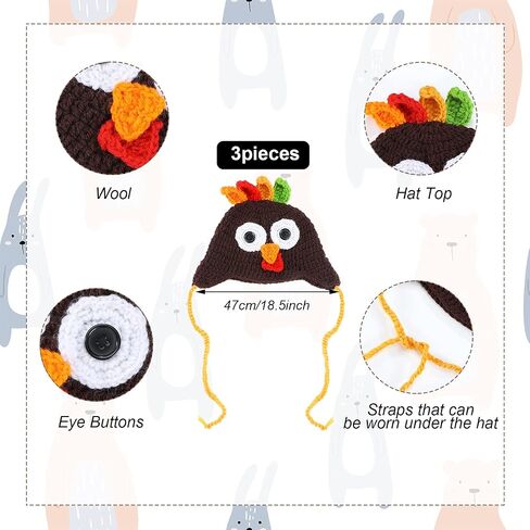 3 قطع من قبعة الديك الرومي المحبوكة لعيد الشكر، قبعة صغيرة للكريسماس بتصميم حيوانات تركيا، قبعة زي تركي، قبعة للتصوير in Saudi Arabia