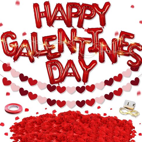 بالونات عيد الحب من جيرميشويز، ديكورات حفلات عيد الحب تتضمن بالونات عيد الحب السعيد ولافتة على شكل قلب وبتلات ورد وشريط إضاءة، لوازم حفلات الزفاف وعيد الحب in Kuwait