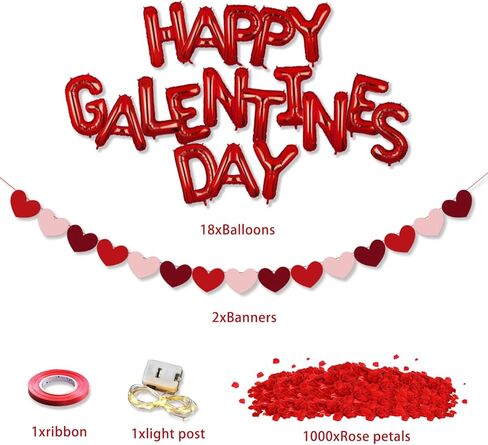 بالونات عيد الحب من جيرميشويز، ديكورات حفلات عيد الحب تتضمن بالونات عيد الحب السعيد ولافتة على شكل قلب وبتلات ورد وشريط إضاءة، لوازم حفلات الزفاف وعيد الحب in Kuwait