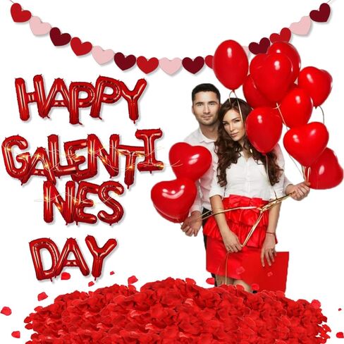 بالونات عيد الحب من جيرميشويز، ديكورات حفلات عيد الحب تتضمن بالونات عيد الحب السعيد ولافتة على شكل قلب وبتلات ورد وشريط إضاءة، لوازم حفلات الزفاف وعيد الحب in Kuwait