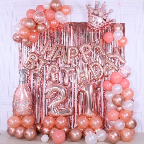 زينة عيد الميلاد الحادي والعشرون لها، 94 قطعة من زينة الحفلات الذهبية الوردية للفتيات، بالونات عيد الميلاد الحادي والعشرين مقاس 40 بوصة، لافتة عيد ميلاد سعيد الحادي والعشرين، طقم قوس بالون ذهبي وردي أبيض وردي ذهبي بالون الشمبانيا in Kuwait