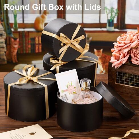 Outus 8 Pcs Round Gift Boxes with Lids Set Black Gift Box 4 Assorted Sizes Nesting Gift Boxes with Lids for Presents Valentine's Day Birthday Bridesmaid Wedding Party Favor Boxes in Saudi Arabia