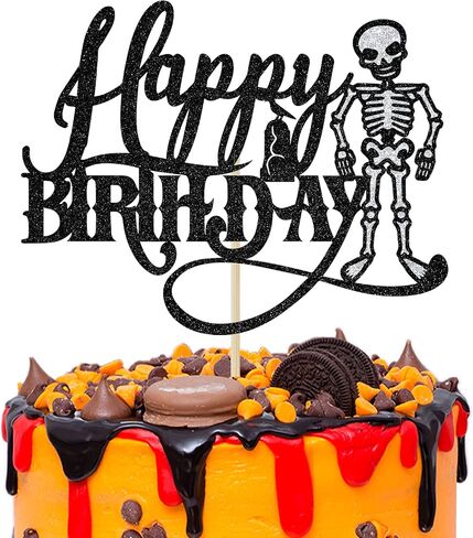 Black Glitter Skeleton Happy Birthday Cake Topper, Skull Spooky Birthday Party Décor, Halloween Theme Birthday Party Decoration Supplies in Saudi Arabia