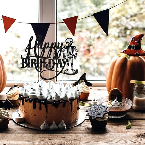 Black Glitter Skeleton Happy Birthday Cake Topper, Skull Spooky Birthday Party Décor, Halloween Theme Birthday Party Decoration Supplies in Saudi Arabia