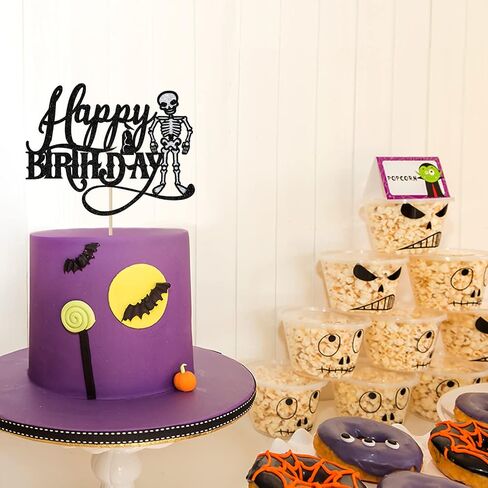 Black Glitter Skeleton Happy Birthday Cake Topper, Skull Spooky Birthday Party Décor, Halloween Theme Birthday Party Decoration Supplies in Saudi Arabia