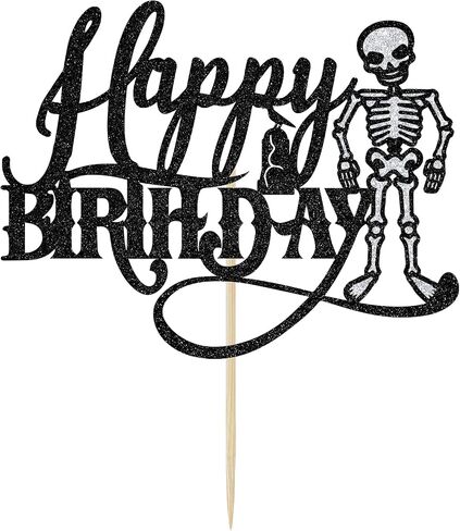 Black Glitter Skeleton Happy Birthday Cake Topper, Skull Spooky Birthday Party Décor, Halloween Theme Birthday Party Decoration Supplies in Saudi Arabia