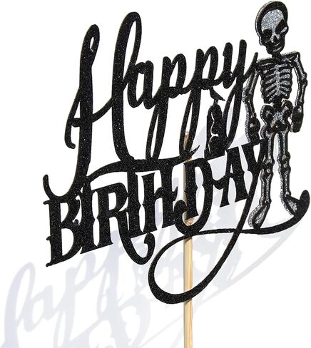 Black Glitter Skeleton Happy Birthday Cake Topper, Skull Spooky Birthday Party Décor, Halloween Theme Birthday Party Decoration Supplies in Saudi Arabia