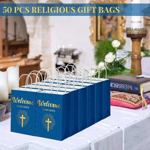 Chuangdi 50 Pcs Church Welcome Gift Bags Christian Paper Welcome to Our Church Religious Bags with Handles for Guest Baby Shower Baptism Birthday Party,5.9 x 3.15 x 8.27 Inch(Black) in Saudi Arabia