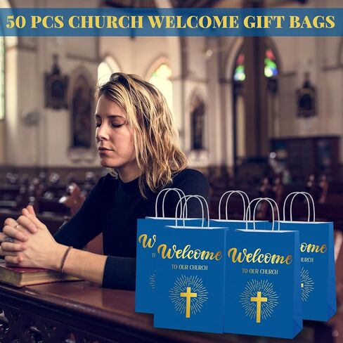 Chuangdi 50 Pcs Church Welcome Gift Bags Christian Paper Welcome to Our Church Religious Bags with Handles for Guest Baby Shower Baptism Birthday Party,5.9 x 3.15 x 8.27 Inch(Black) in Saudi Arabia