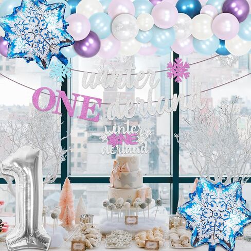 Cheereveal Winter Onederland 1st Birthday Decorations for Girl, Purple Blue Snowflake Balloons Garland Arch Kit with High Chair Banner Cake Topper, First Birthday Party Supplies in Saudi Arabia