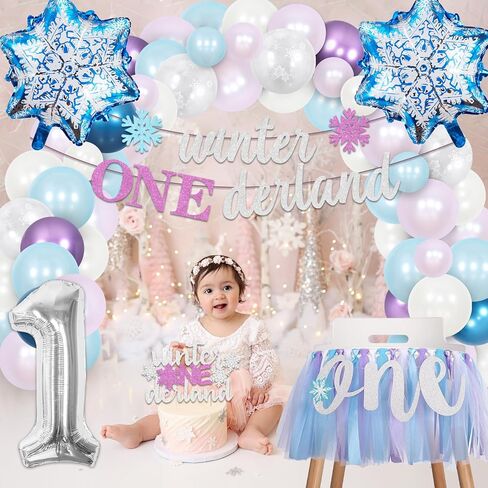Cheereveal Winter Onederland 1st Birthday Decorations for Girl, Purple Blue Snowflake Balloons Garland Arch Kit with High Chair Banner Cake Topper, First Birthday Party Supplies in Saudi Arabia