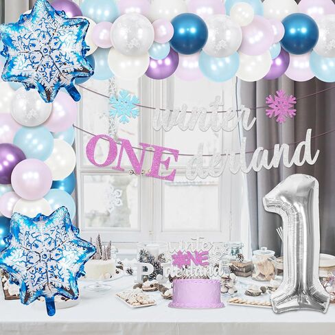 Cheereveal Winter Onederland 1st Birthday Decorations for Girl, Purple Blue Snowflake Balloons Garland Arch Kit with High Chair Banner Cake Topper, First Birthday Party Supplies in Saudi Arabia