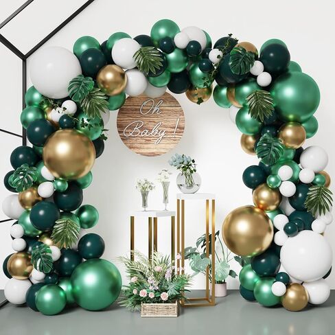 HOLICOLOR 143pcs Metallic Green Gold Balloon Garland Arch Kit Jungle Safari Double-layers Emerald Balloons Decorations with Artificial Leaves for Animal Party Baby Shower Kids Birthday in Kuwait