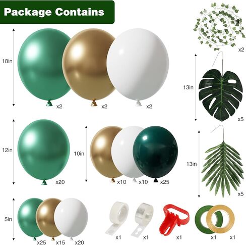 HOLICOLOR 143pcs Metallic Green Gold Balloon Garland Arch Kit Jungle Safari Double-layers Emerald Balloons Decorations with Artificial Leaves for Animal Party Baby Shower Kids Birthday in Kuwait