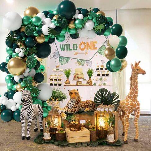 HOLICOLOR 143pcs Metallic Green Gold Balloon Garland Arch Kit Jungle Safari Double-layers Emerald Balloons Decorations with Artificial Leaves for Animal Party Baby Shower Kids Birthday in Kuwait