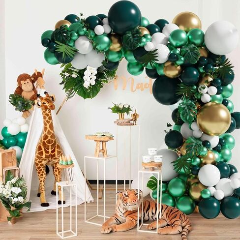 HOLICOLOR 143pcs Metallic Green Gold Balloon Garland Arch Kit Jungle Safari Double-layers Emerald Balloons Decorations with Artificial Leaves for Animal Party Baby Shower Kids Birthday in Kuwait