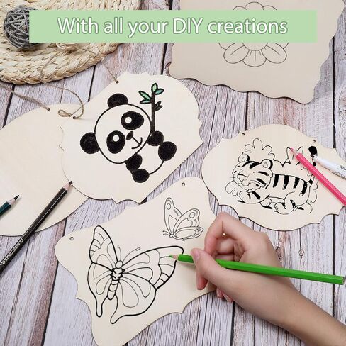 12 Pcs Unfinished Hanging Wood Sign Rectangle Wood Blank Plaque Hanging Wood Sign with Rope for Pyrography, Painting, Writing, Decoration, DIY Craft, 6 Designs in Saudi Arabia