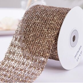 CSZD RIBBON Gold Stretchable Glitter Metallic Mesh Ribbon Wired Web Ribbon Wide 2.5" to 7" for Christmas Tree,Wreaths,Home Decor, Gift Wrapping, DIY Crafts, 2.5" x 5Yards x 1 Rolls (Gold)
