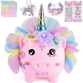 Piggy Bank for Girls Large Unicorn Piggy Banks with Necklace Bracelet DIY Stickers Cute Coin Piggybank Unbreakable for Toddler Kids Christmas Birthday Gifts, Blue Purple Dress in Saudi Arabia