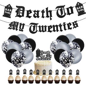 Death To My Twenties Birthday Decorations, Death to My Twenties Banner, Death to My Twenties Cake Topper and 24pcs Cupcake Toppers, 15pcs Balloons, Death to My 20s for 30th Birthday Party Decorations in Saudi Arabia