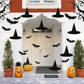 Weenkilly 8pcs Black Halloween Witch Hats with 3D Bats 44Pcs Wall Decor Hanging, Floating Front Porch Yard Indoor Outdoor Hats Decor Party witch hat in Saudi Arabia