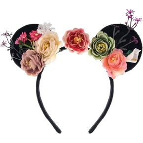 Handmade Black Mouse Ears Soft Horn Headband Flowers Mice Headdresses Princess Birthday Party Decoration (5 Flowers)