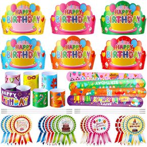 108 Pcs Happy Birthday Party Supplies for Kids Include 36 Birthday Paper Crowns 36 Birthday Badge Stickers 36 Happy Birthday Slap Bracelets for Classroom School Party Supply(Bright Color)