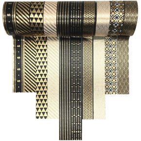 VIVIQUEN Gold Washi Tape Set 15MM Foil Skinny Masking Tape Decorative Pack for DIY Scrapbooking, Crafts, Gift Wrapping, Holiday Decoration (Black Basic Pattern 10 Rolls)
