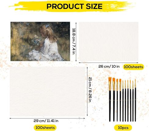 200 Sheets Watercolor Paper, Two Sizes White Drawing Paper with 10 Oil Paint Brushes for Artists Painting Paper for Kids for Students Watercolorists（ 7.4 * 10inch-230GSM,11.41 * 8.26inch-160GSM ） in Saudi Arabia