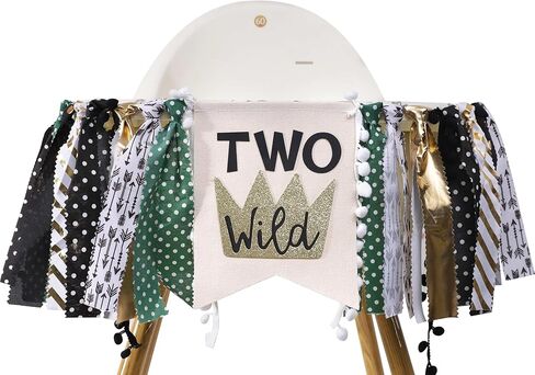 Two Wild Highchair Banner - Safari Jungle Highchair Banner 2nd Birthday Boy,Woodland Birthday High Chair Banner 2nd Birthday Boy,Jungle Safari Party Decor for Birthday, 1st Birthday Party Photo Props (Two Wild Banner) in Kuwait