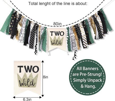 Two Wild Highchair Banner - Safari Jungle Highchair Banner 2nd Birthday Boy,Woodland Birthday High Chair Banner 2nd Birthday Boy,Jungle Safari Party Decor for Birthday, 1st Birthday Party Photo Props (Two Wild Banner) in Kuwait