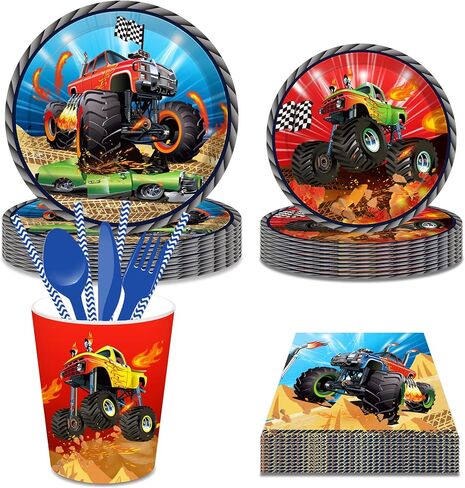 CC HOME Truck Party Themed Party Supplies Pack Monster Truck Party Decorations Truck Party Pack- Serves 16 - Includes Truck Party Plates Cups Napkins in Saudi Arabia
